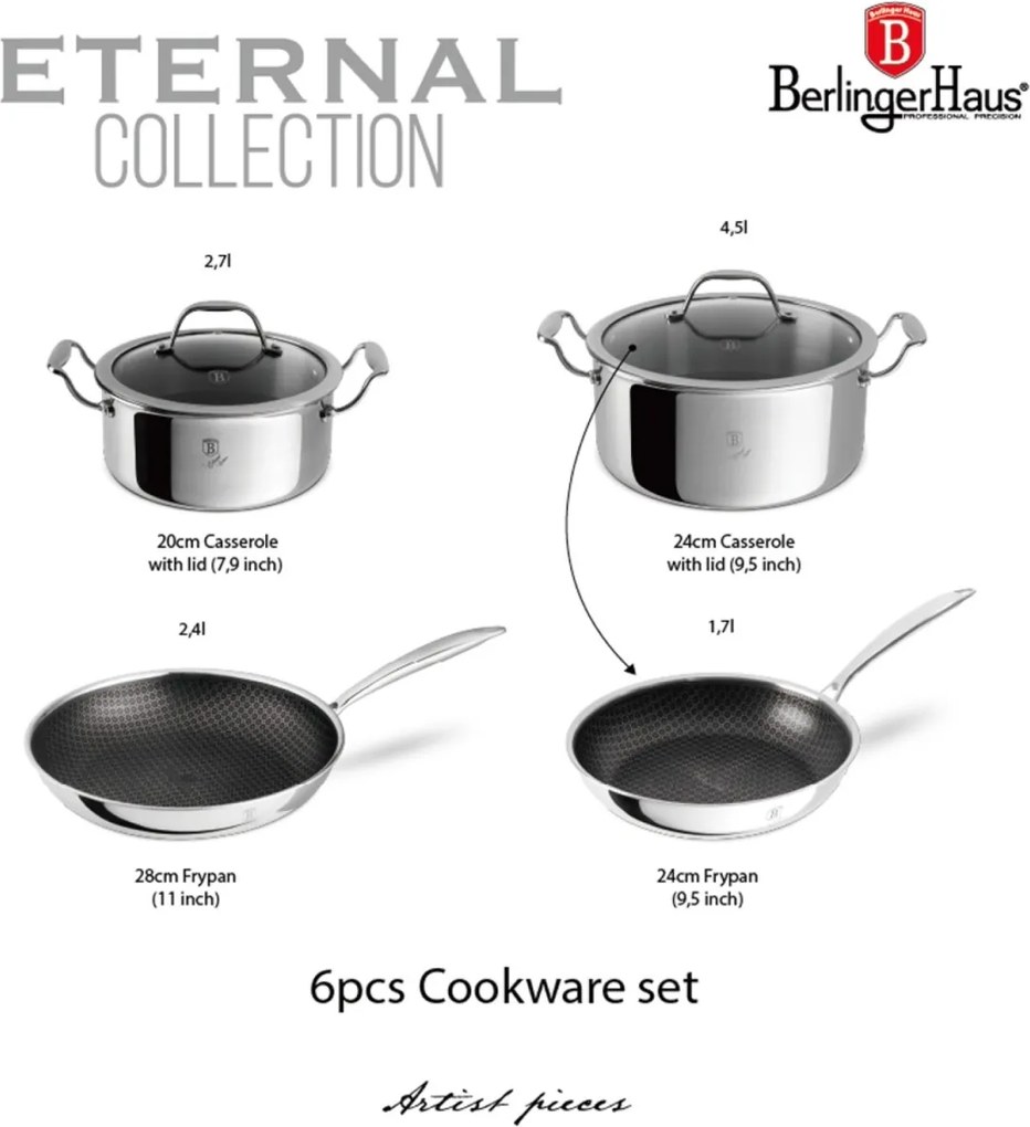 Set oale si tigai inox 6 piese Eternal Berlinger Haus BH 8517, compatibile inductie si cuptor