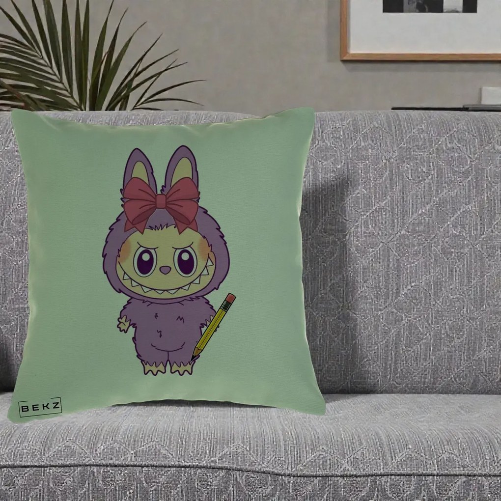 Perna Personalizata Labubu Mov cu Funda Rosie si Creion, 40x40 cm, Verde, Husa Detasabila, Perna Inclusa, BEKZ®