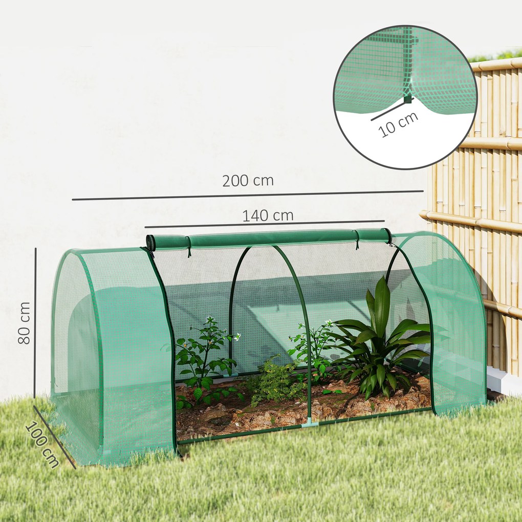 Sera Tunel Outsunny din Otel si cu Capac din PVC, 200x100x80 cm, Transparent si Verde | Aosom Romania