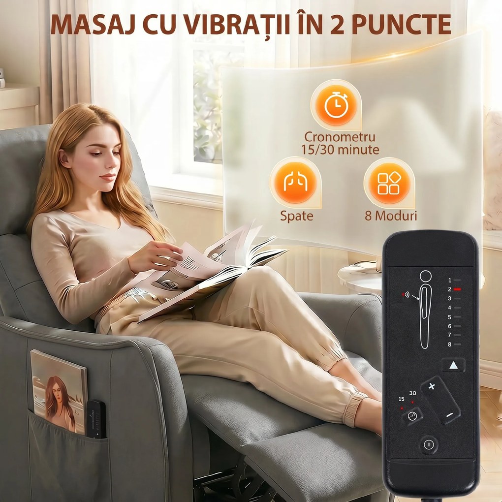 HOMCOM Fotoliu cu Masaj Reclinabil Manual, Țesătură Tip In, cu Telecomandă, Gri Închis | Aosom Romania
