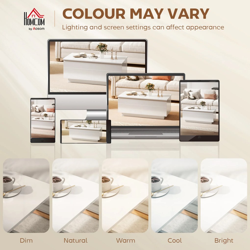 HOMCOM Masă de cafea reglabilă pe înălțime, masă modernă de living cu spațiu ascuns și 2 sertare, Alb lucios | Aosom Romania