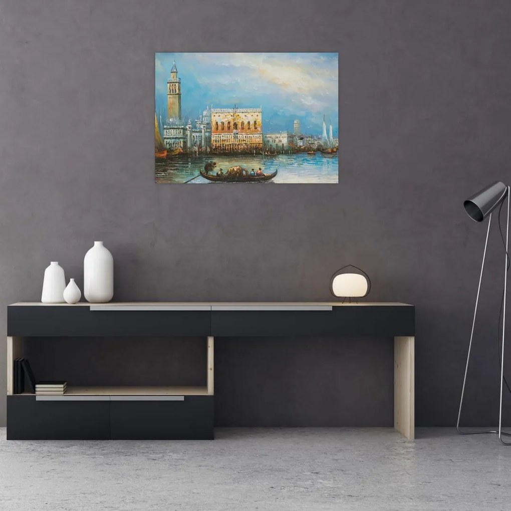 Tablou pe sticlă - Gondola care trece prin Veneția, pictură în ulei (70x50 cm)