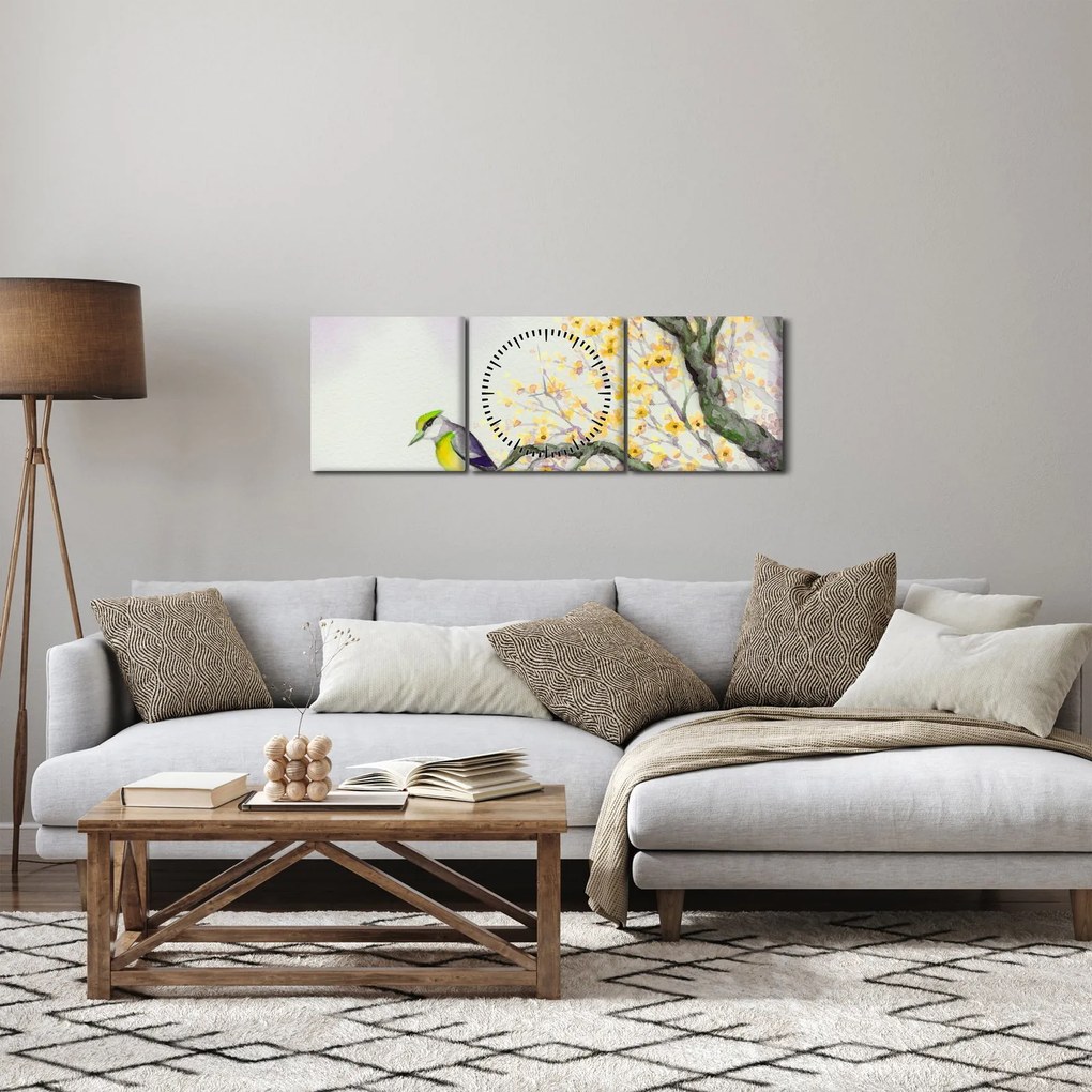 Tablou - Pasăre în copac,acuarelă (cu ceas) (90x30 cm)