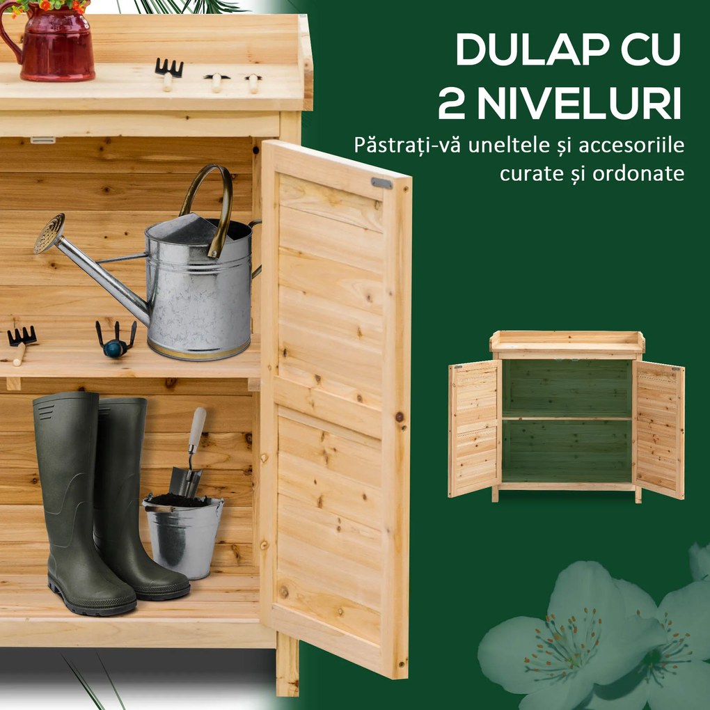 Dulap de exterior Outsunny cu 2 rafturi din lemn de brad cu design înălțat și 2 uși, 83x40x92 cm, culoarea lemnului | Aosom Romania