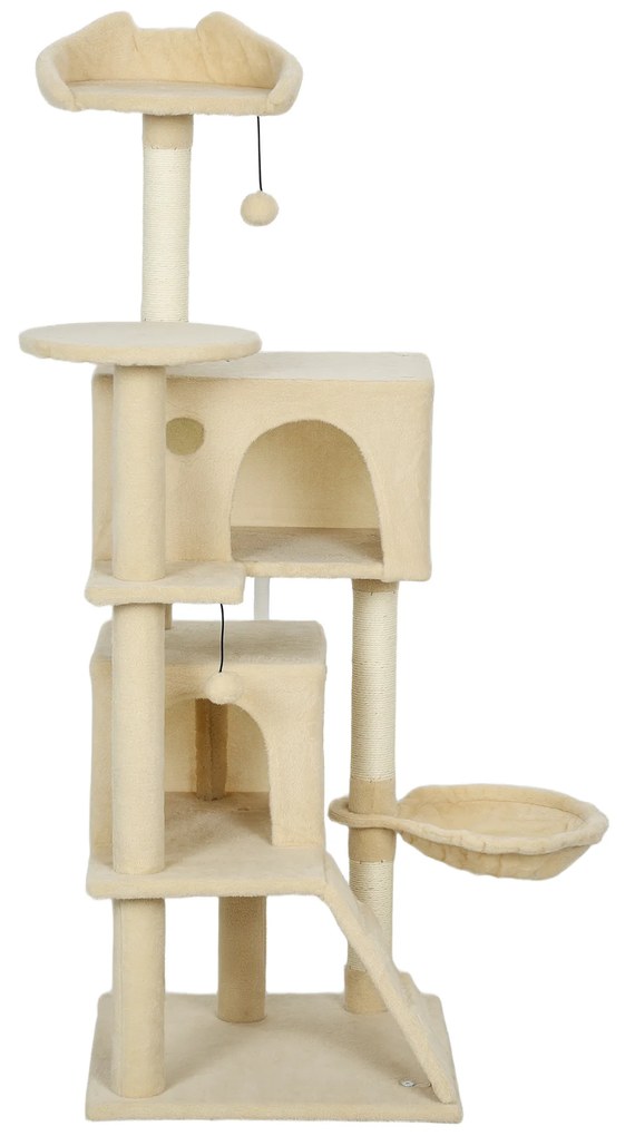 PawHut Copac zgâriat pentru pisici 140 cm cu hamac, 2 cuiburi și stâlpi din sisal — bej | Aosom Romania