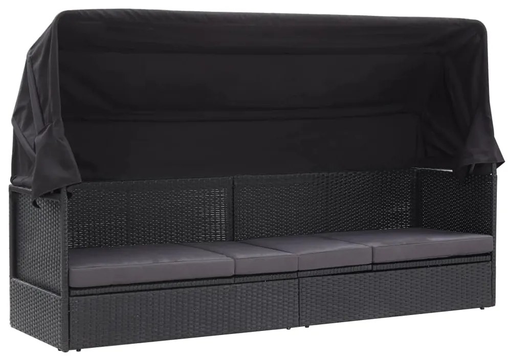 vidaXL Pat canapea de exterior cu copertină, negru, poliratan