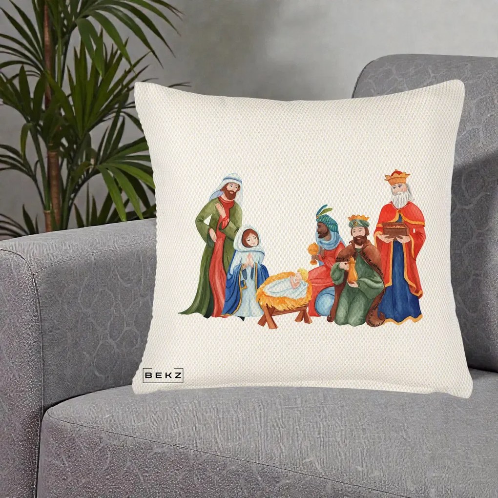 Perna Decorativa Nasterea Domnului Cei Trei Magi Acuarela, 40x40 cm, Crem Reliefat, Husa Detasabila, Perna Inclusa, BEKZ®