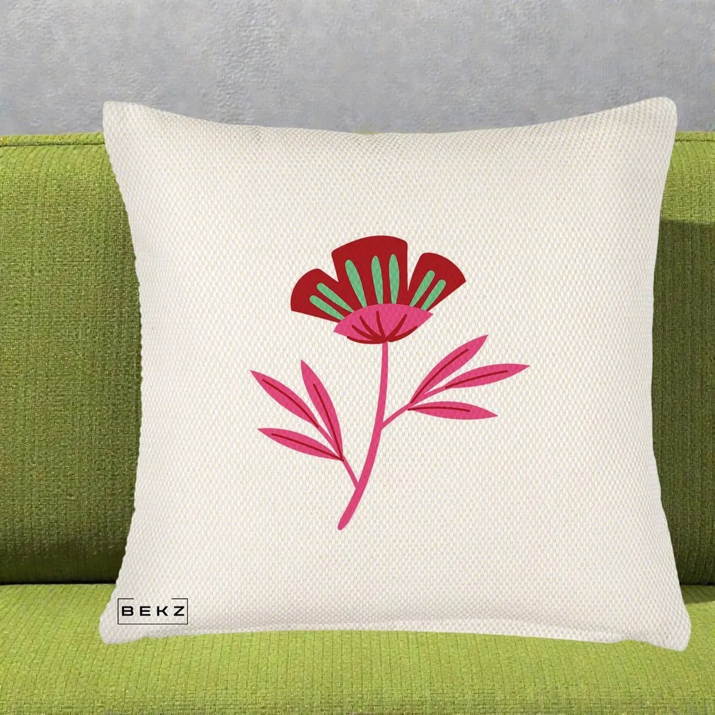 Perna Decorativa Floare Macul Roz-Rosu Grafic, 40x40 cm, Crem Reliefat, Husa Detasabila, Perna Inclusa, BEKZ®