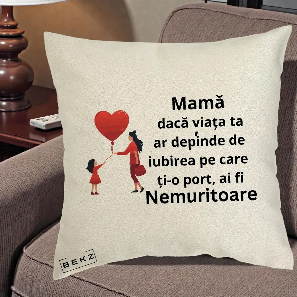 Cadou pentru Mama - Perna Personalizata Mama Nemuritoare cu Bebelus Kawaii, 40x40 cm, Ecru, Husa Detasabila, Perna Inclusa, BEKZ®