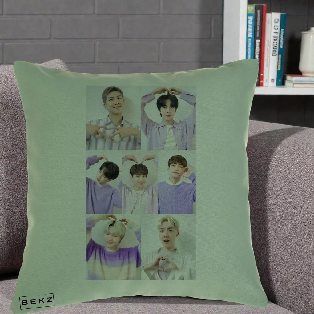 Perna Personalizata K-pop BTS Colaj 7 Portrete cu Inimi Lila, 40x40 cm, Verde, Husa Detasabila, Perna Inclusa, BEKZ®