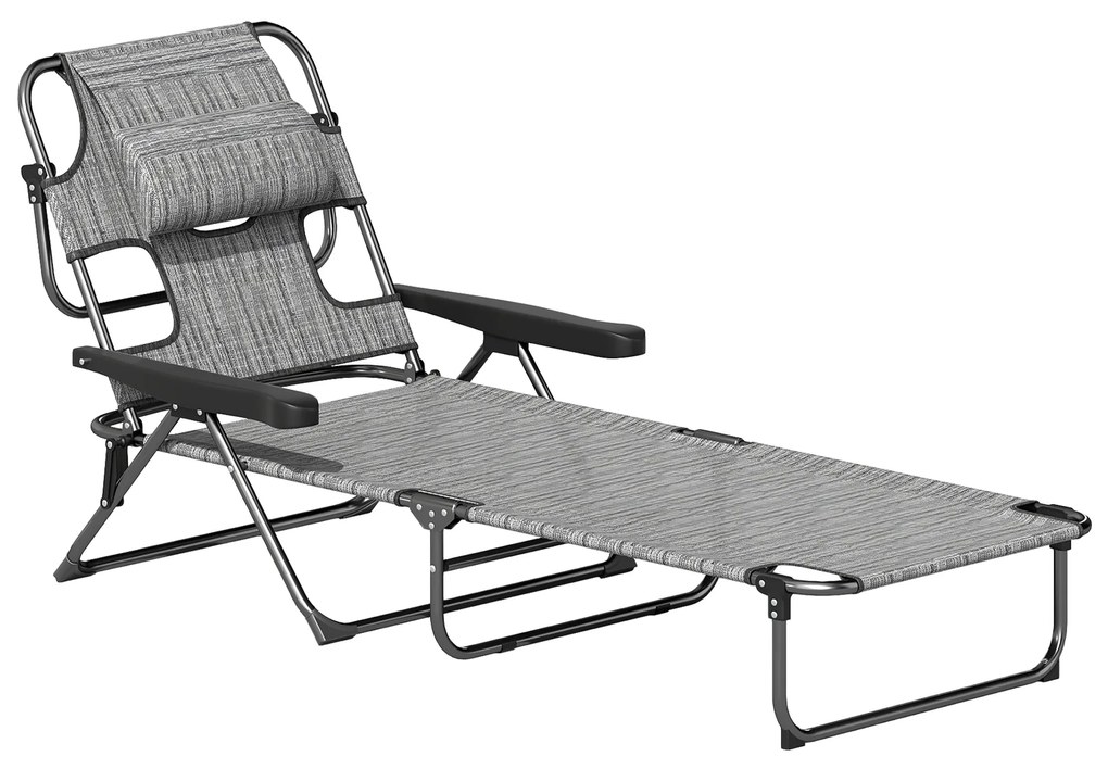 Outsunny Șezlong de grădină pliabil cu spătar reglabil în 4 poziții, orificiu pentru citit și pernă suport cap 72L x 194l x 31H cm Gri | Aosom Romania