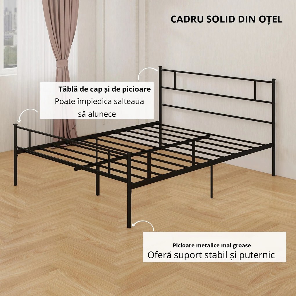 HOMCOM Pat Matrimonial din Oțel 160x200cm, Sipci Integrate, Tetieră, Suport 400kg, Stil Industrial, Negru | Aosom Romania