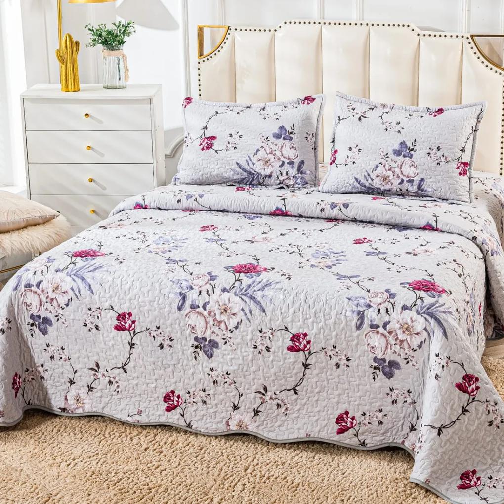Cuvertura de pat matlasata cu 2 fete, bumbac satinat, pat 2 persoane, alb murdar / roz, 3 piese, CVP-148