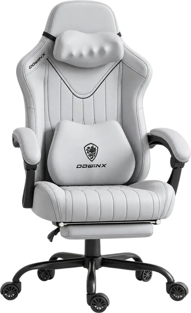 DOWINX 66D59A - Scaun Gaming Ergonomic cu Masaj Shiatsu Cervical cu Încalzire, Masaj lombar, Șezut cu arcuri, Reclinare 90°–145°, Suport picioare, Material respirabil, Gri