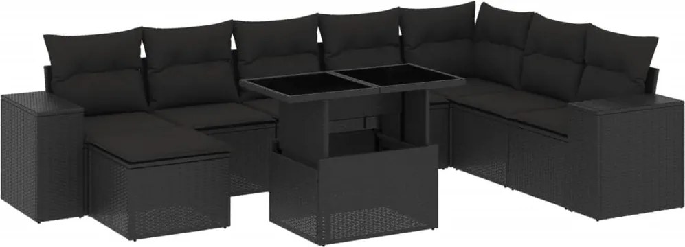 vidaXL Set mobilier de grădină cu perne, 9 piese, negru, poliratan