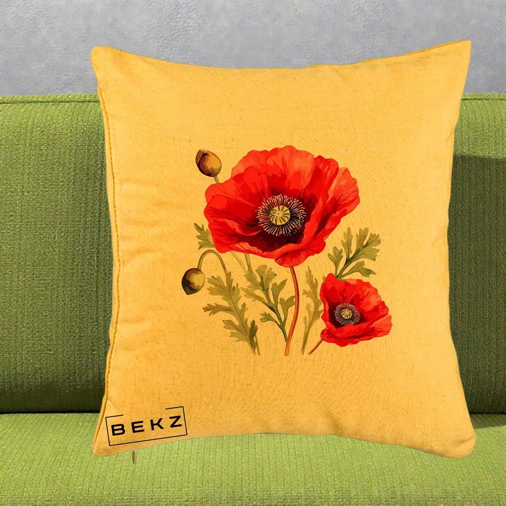 Perna Decorativa Maci Rosii Acuarela, 40x40 cm, Galben, Husa Detasabila, Perna Inclusa, BEKZ®