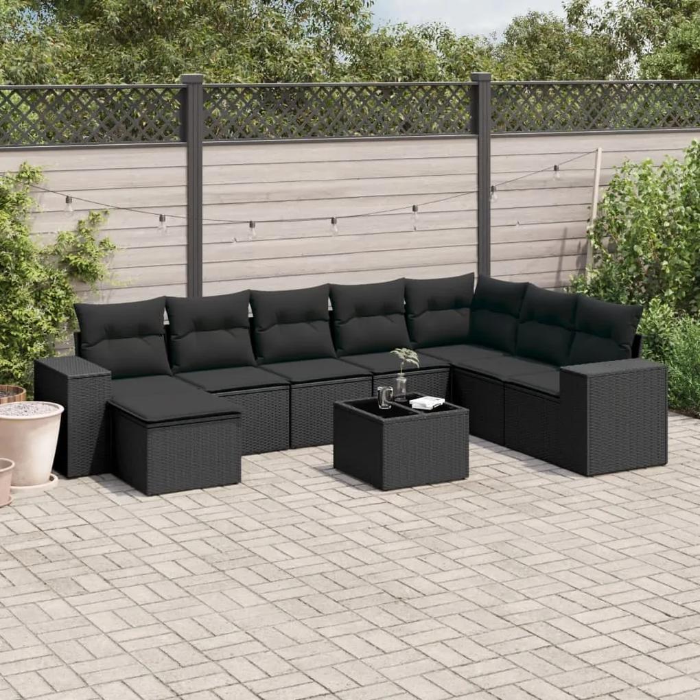 3255302 vidaXL Set mobilier de grădină cu perne, 9 piese, negru, poliratan