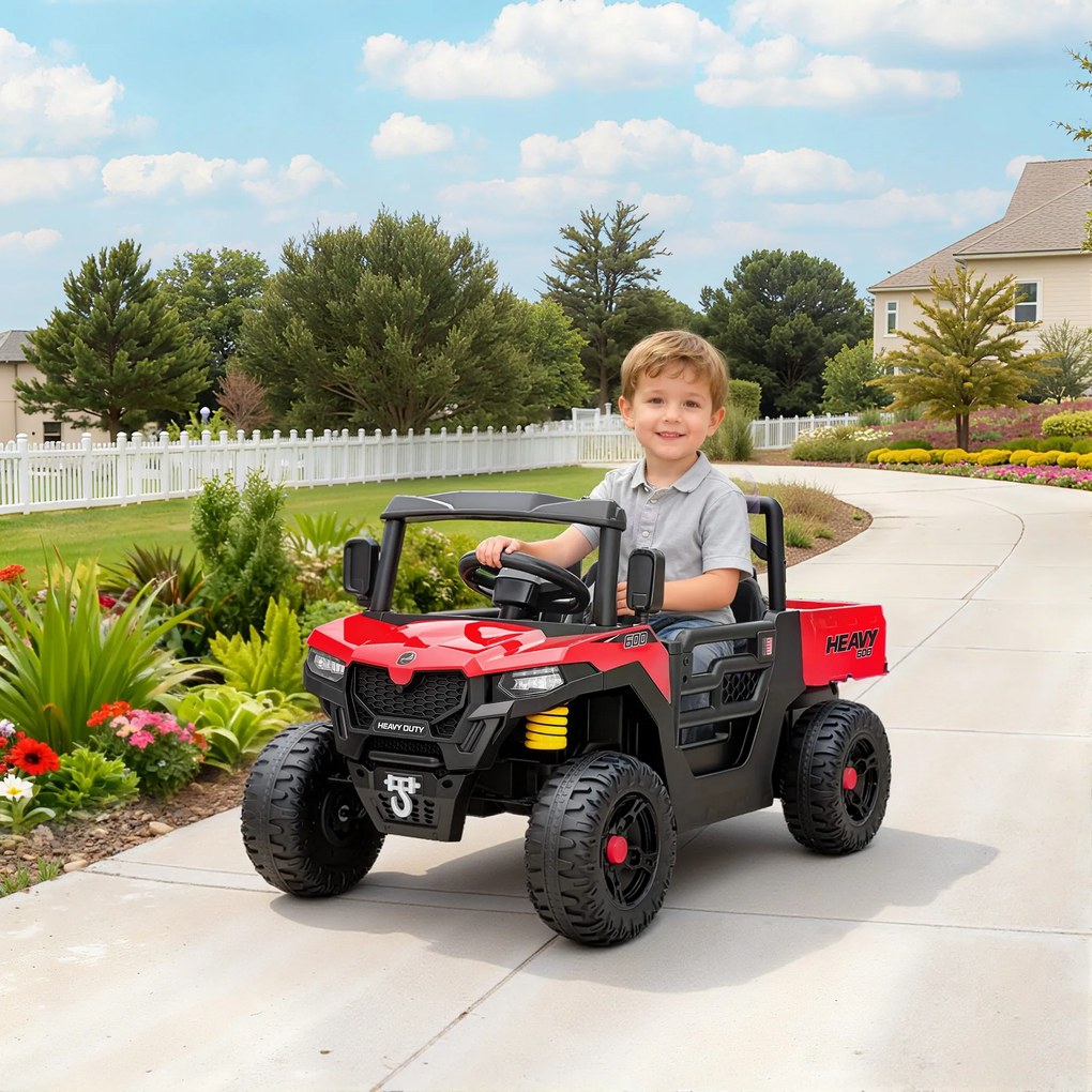 AIYAPLAY Mașină Electrică pentru Copii UTV 12V Off-road cu Portbagaj, 2 Motoare, Centură în 3 Puncte, Telecomandă, Suspensii, USB, Muzică, Lumini, 1.8-3.7 km/h, 3-8 Ani, Roșu | Aosom Romania