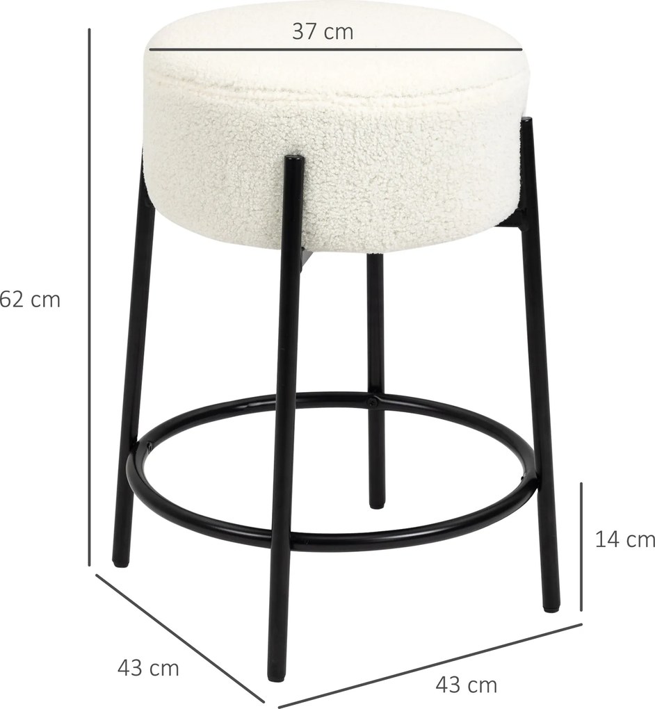 HOMCOM Set de 2 scaune de bar cu suport pentru picioare oțel și tapițerie cu efect de lână bouclée înălțime 62 cm alb și negru | Aosom Romania
