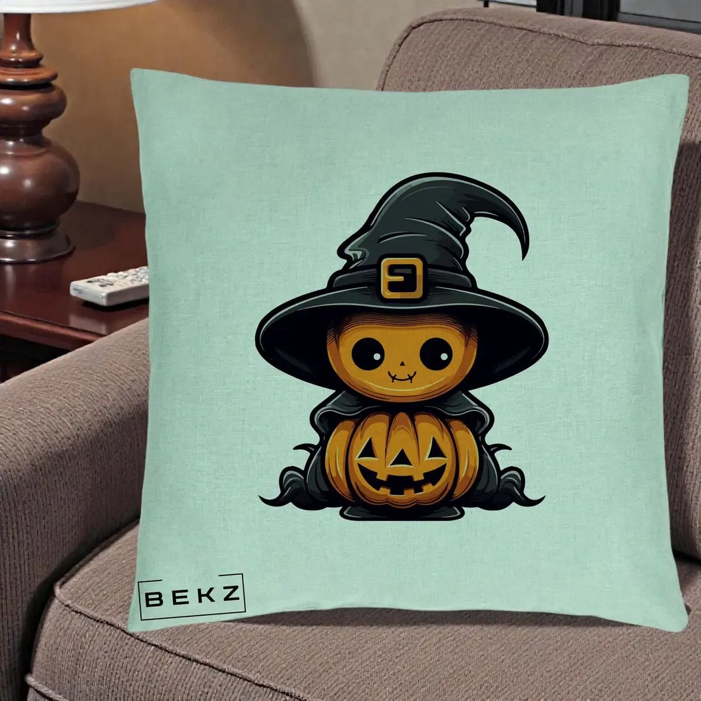 Perna Decorativa Halloween Dovleac Vrajitor Kawaii, 40x40 cm, Verde Menta, Husa Detasabila, Perna Inclusa, BEKZ®