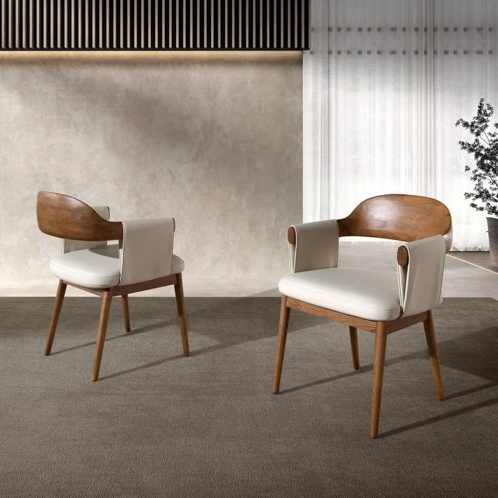 Scaun dining imitatie de piele crem si lemn Walnut