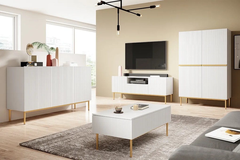 Comodă înaltă Nicole 100 cm - alb mat / picioare aurii