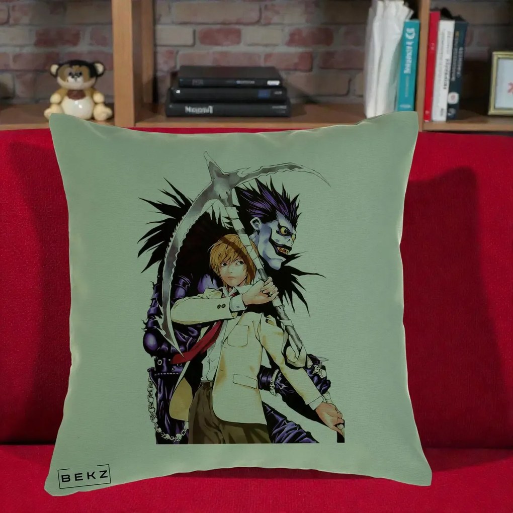 Perna Personalizata Death Note Light si Ryuk Duo, 40x40 cm, Verde, Husa Detasabila, Perna Inclusa, BEKZ®