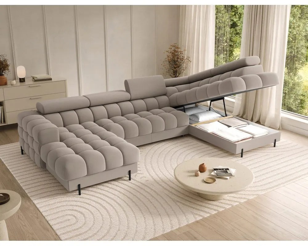 Colțar maro deschis extensibil cu tapițerie din catifea (cu colț pe partea dreaptă/în formă de "U") Feraria – ELTAP