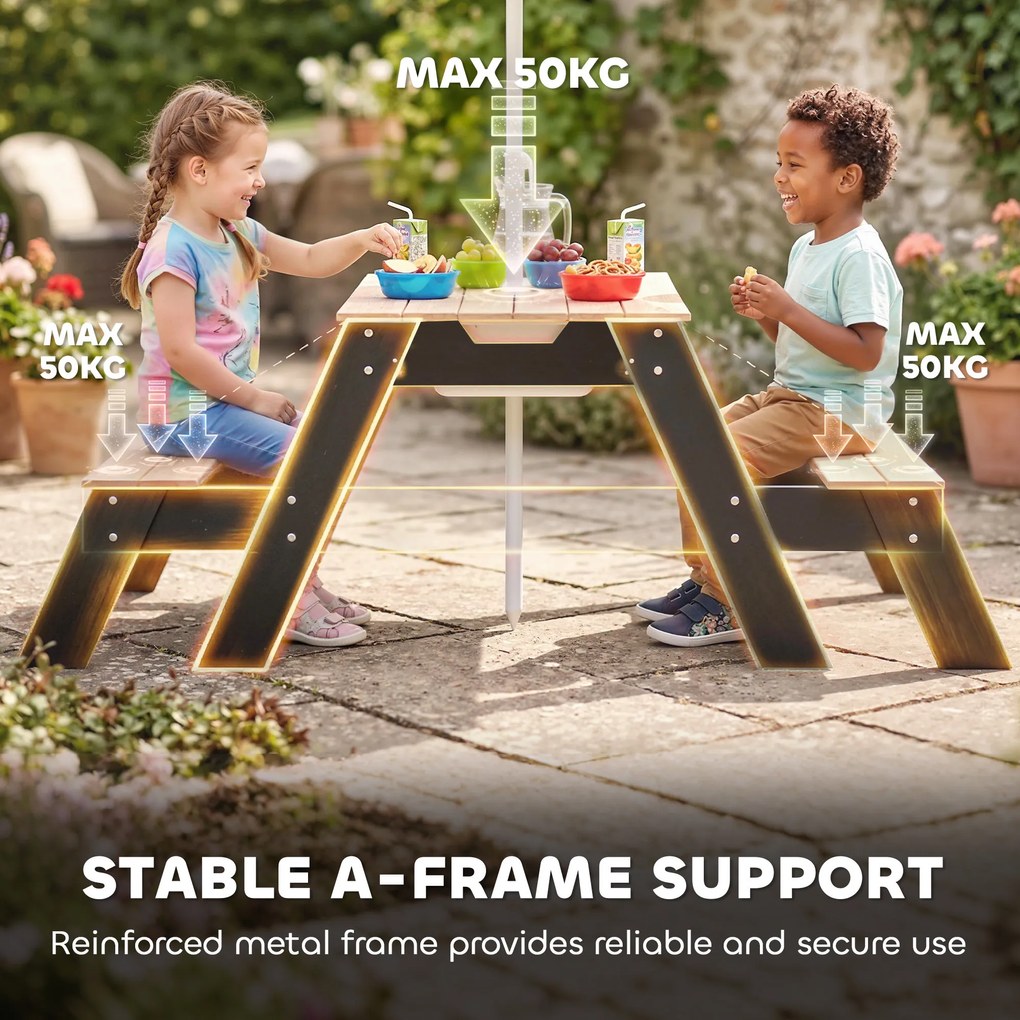 AIYAPLAY Masă de picnic pentru copii cu parasolar, set de grădină din lemn 3 în 1 pentru copii 3-6 ani cu 2 cutii, natural | Aosom Romania