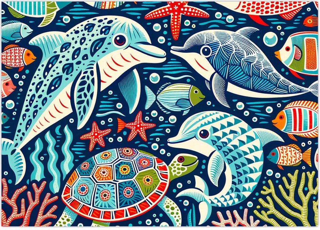 Tablou pe sticlă – Animale acvatice desenate (70x50 cm)