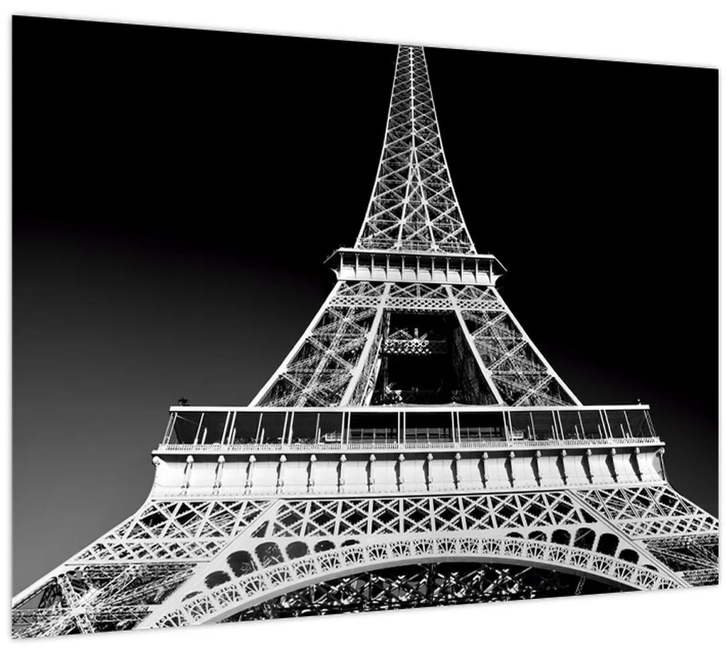 Tablou pe sticlă - Turnul Eiffel, alb-negru (70x50 cm)