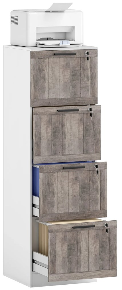 HOMCOM Cajonieră de Birou cu 4 Sertare Încuietoare 2 Chei Bare Suspendate pentru A4 Scrisoare 39,4x40x129 cm Alb și Lemn | Aosom Romania