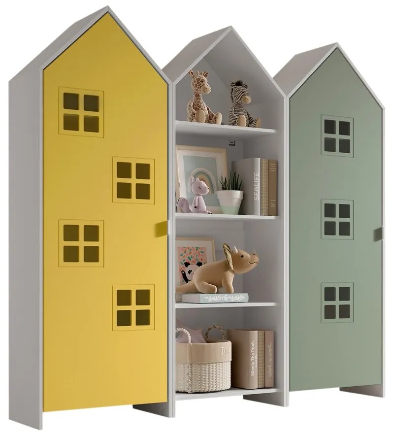 Set 3 dulapuri pentru copii Casami tip colibă de plajă – 1 deschis, 1 cu ușă Galben Strălucitor și 1 cu ușă Verde Intens – Vipack