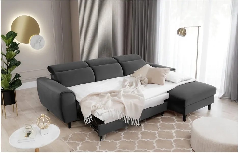 Colțar gri închis extensibil/cu spațiu de depozitare cu tapițerie din catifea (cu colț pe partea dreaptă/cu șezlong) Foble – ELTAP