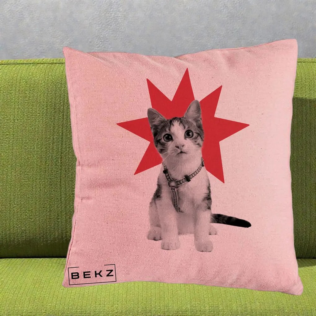 Perna Decorativa Pisica Star Pop Art, 40x40 cm, Roz, Husa Detasabila, Perna Inclusa, BEKZ®