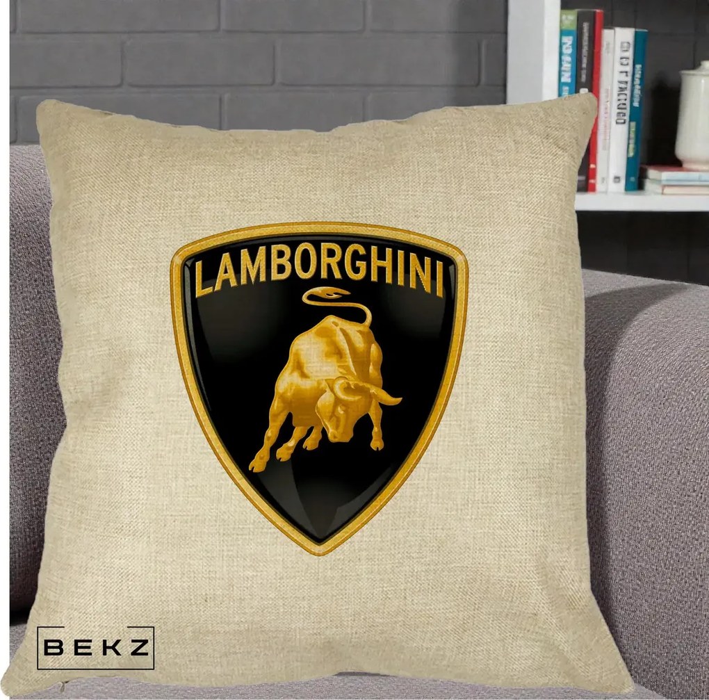 Perna Personalizata cu emblema Lamborghini, 40x40 cm, Crem, Husa Detasabila, Perna Inclusa, BEKZ®