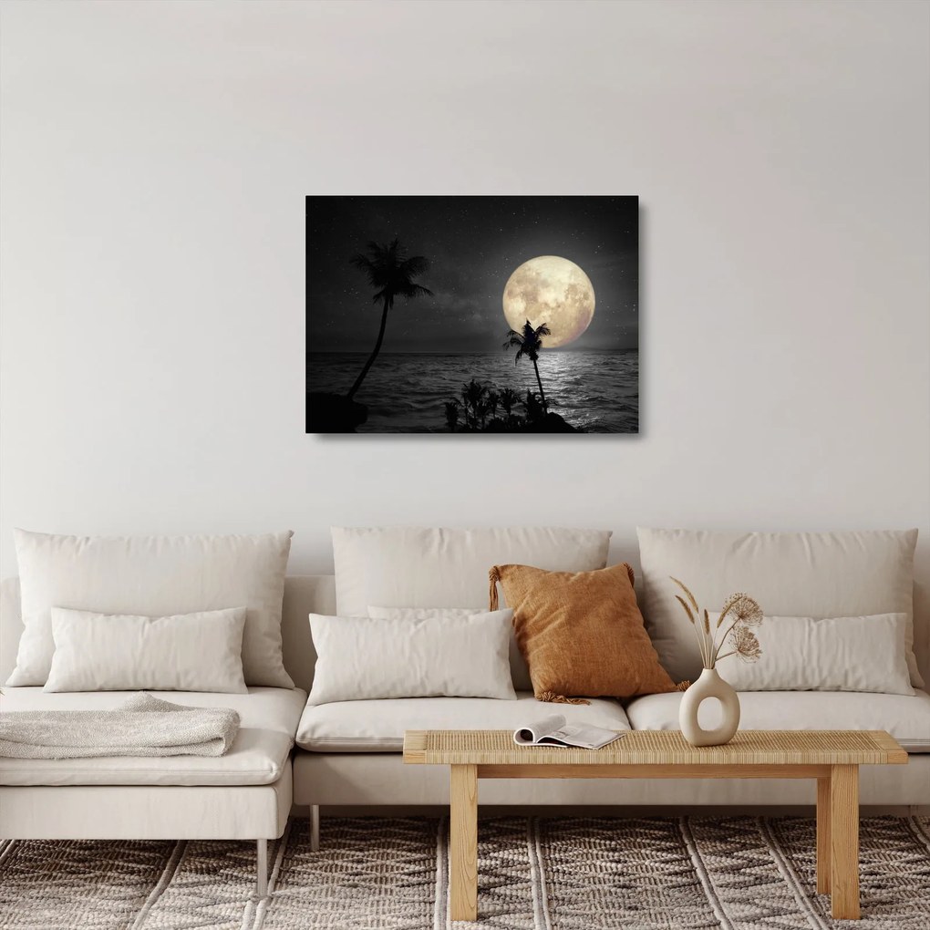 Tablou pe sticlă - Plaja cu lună plină, nuanțe gri (70x50 cm)