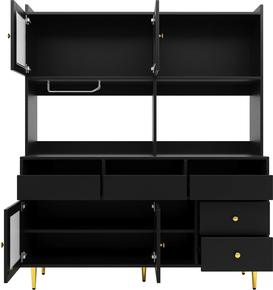 Dulap înalt pentru sufragerie, cu uși cu geam perforat, decor auriu și spațiu mare de depozitare pe mai multe niveluri, 145x39x171 cm, Negru