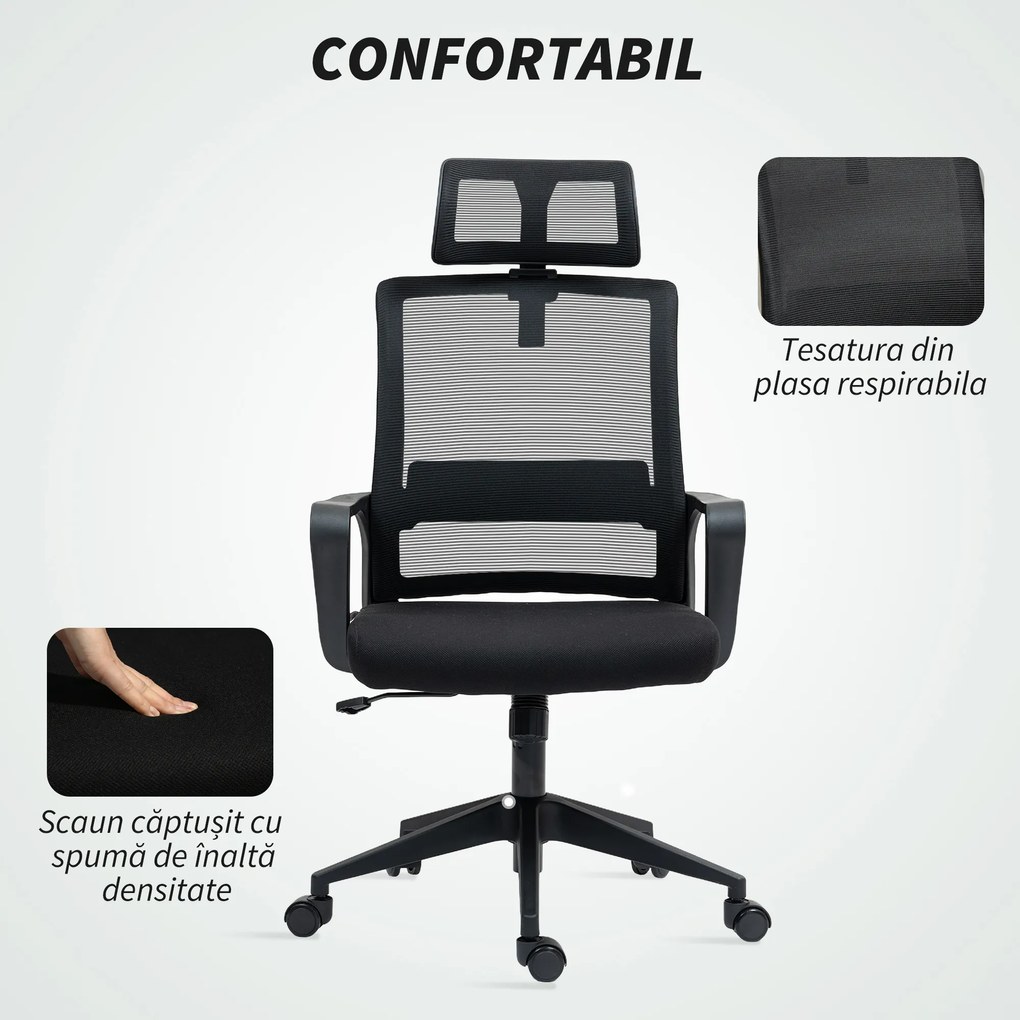 HOMCOM Scaun de Birou Ergonomic cu Tetieră, Înălțime Reglabilă și Funcție de Balansare, 60x64x102-112 cm, Negru | Aosom Romania