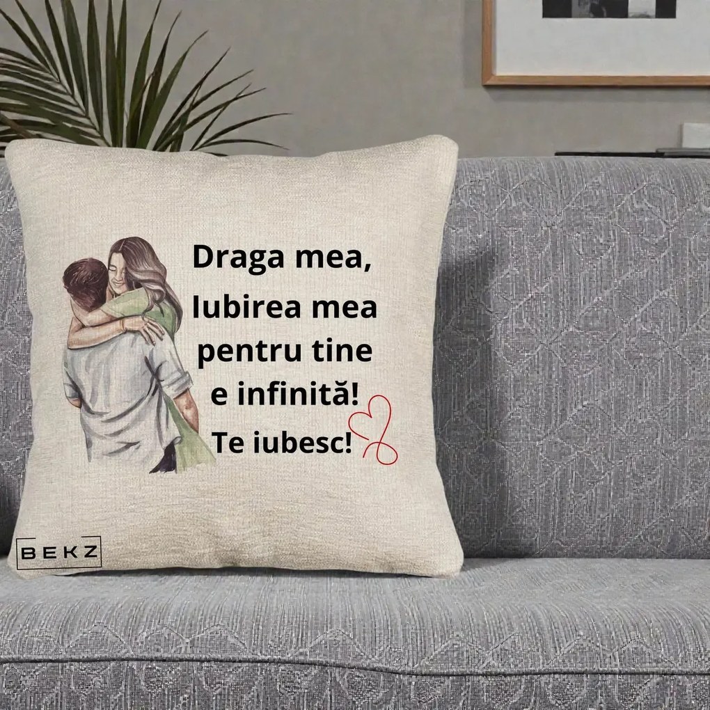 Cadou pentru Iubita - Perna Personalizata Draga Mea Iubirea Mea Infinita Te Iubesc cu Cuplu Acuarela, 40x40 cm, Bej Canapea, Husa Detasabila, Perna Inclusa, BEKZ®