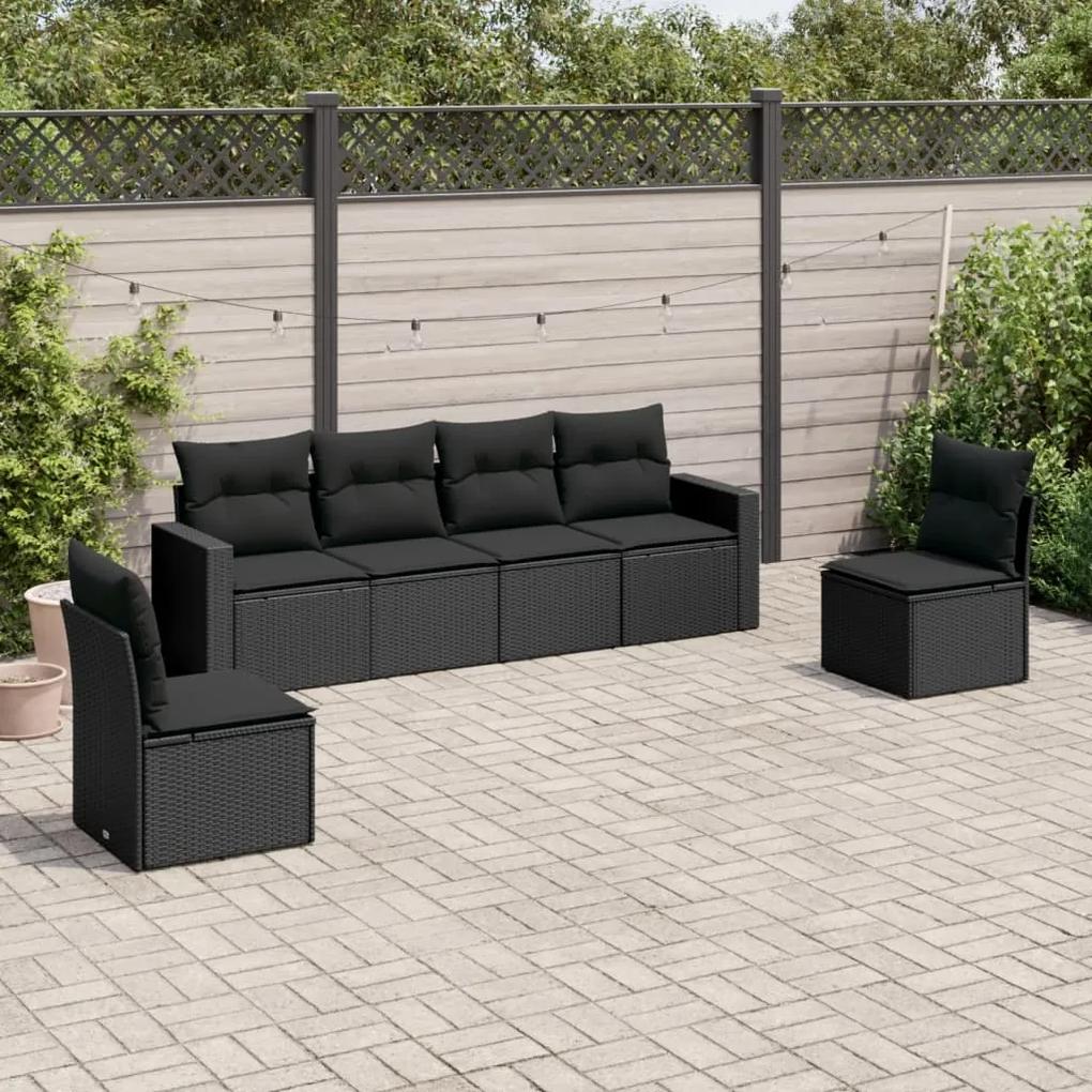 3218795 vidaXL Set mobilier de grădină cu perne, 6 piese, negru, poliratan