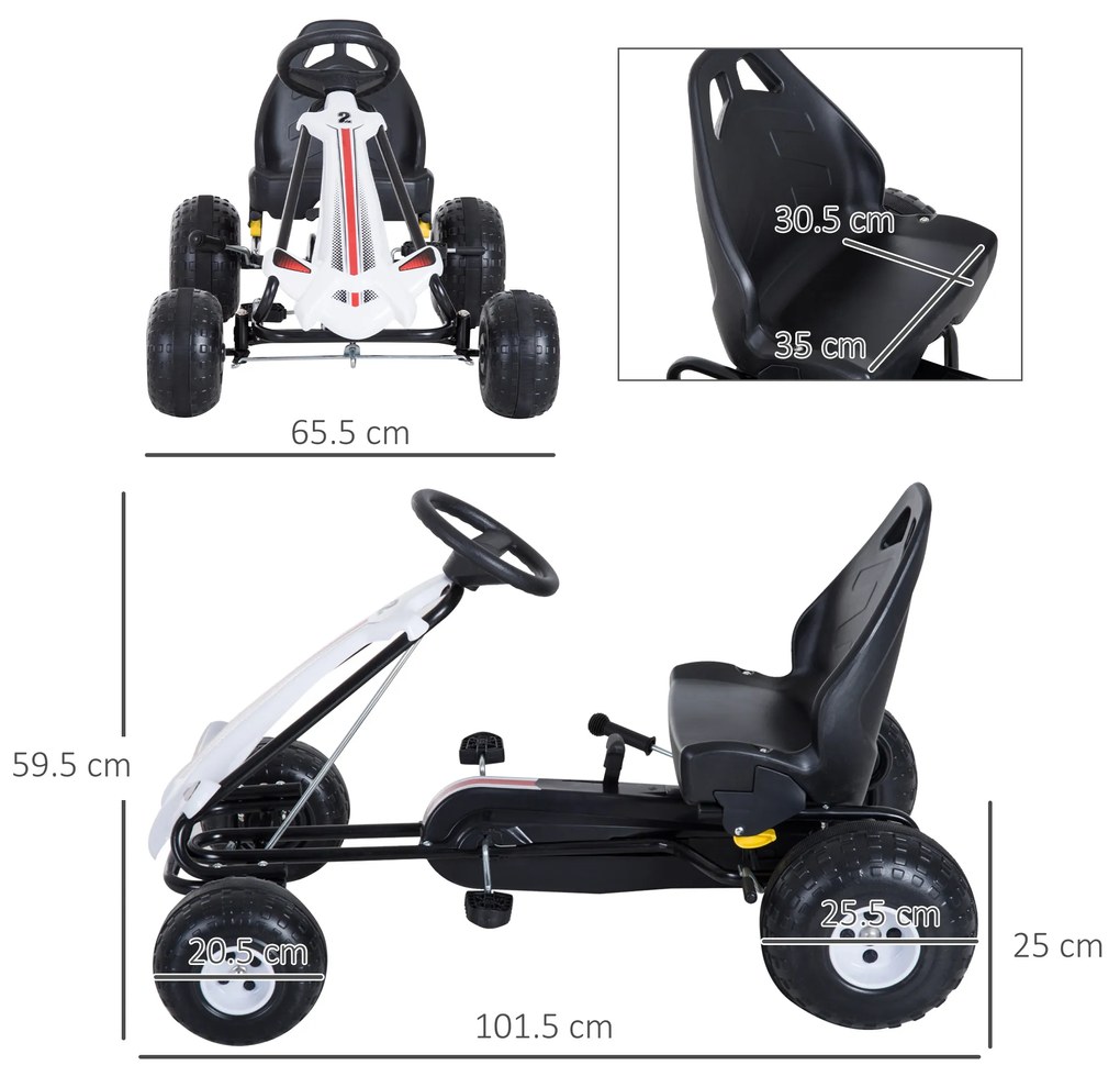 Go-Kart cu Pedale pentru Copii 3-6 ani, scaun reglabil, cu frana si ambreiaj, Plastic si Fier Alb si Negru HOMCOM | Aosom Romania