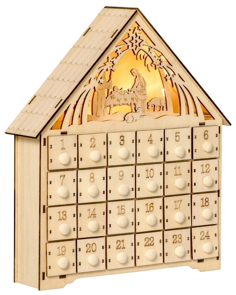 Calendar Advent din Lemn 24 Sertare Decoratiune de Craciun cu Nasterea Domnului Sculptata si Luminite, 26.6x6x30cm HOMCOM | Aosom RO