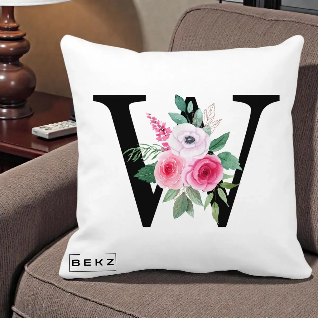 Cadou Personalizat - Perna Personalizata Monograma Florala Litera W cu Trandafiri si Anemona, 40x40 cm, Alba Mata, Husa Detasabila, Perna Inclusa, BEKZ®