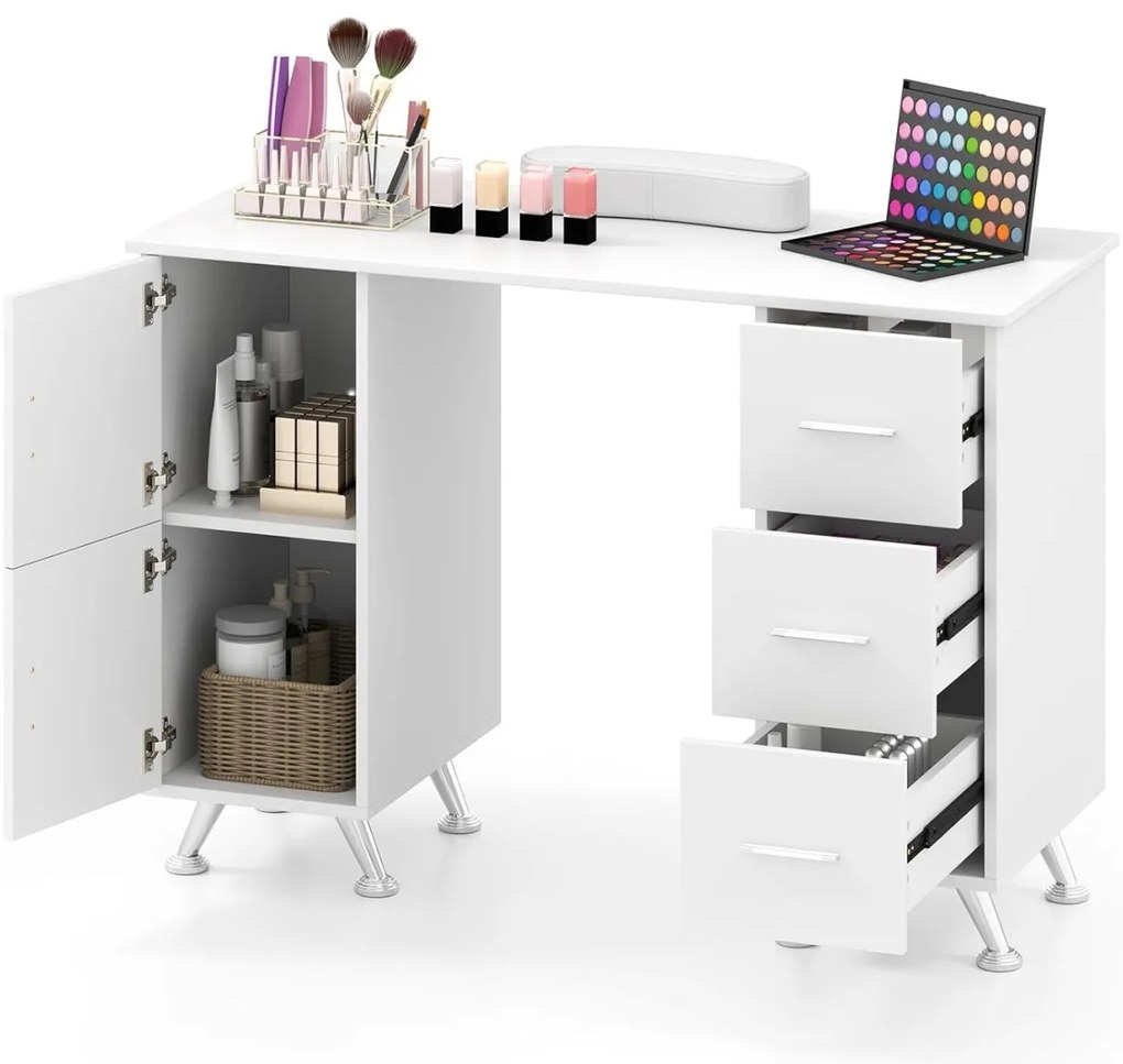MANIA3 - Masuta manichiura, 108 cm, masa cosmetica cu pernita - Alb / Negru / Roz - Auriu