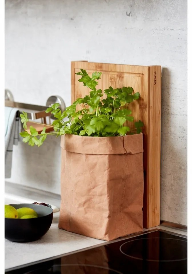 Tocator cu tava integrata Bruno, Wenko, 25 x 35 x 4 cm, bambus/polipropilena, natur/alb