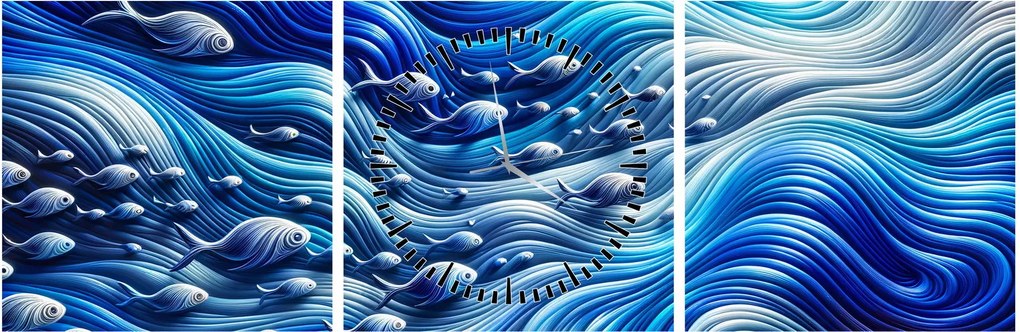 Tablou – Pești în valuri (cu ceas) (90x30 cm)