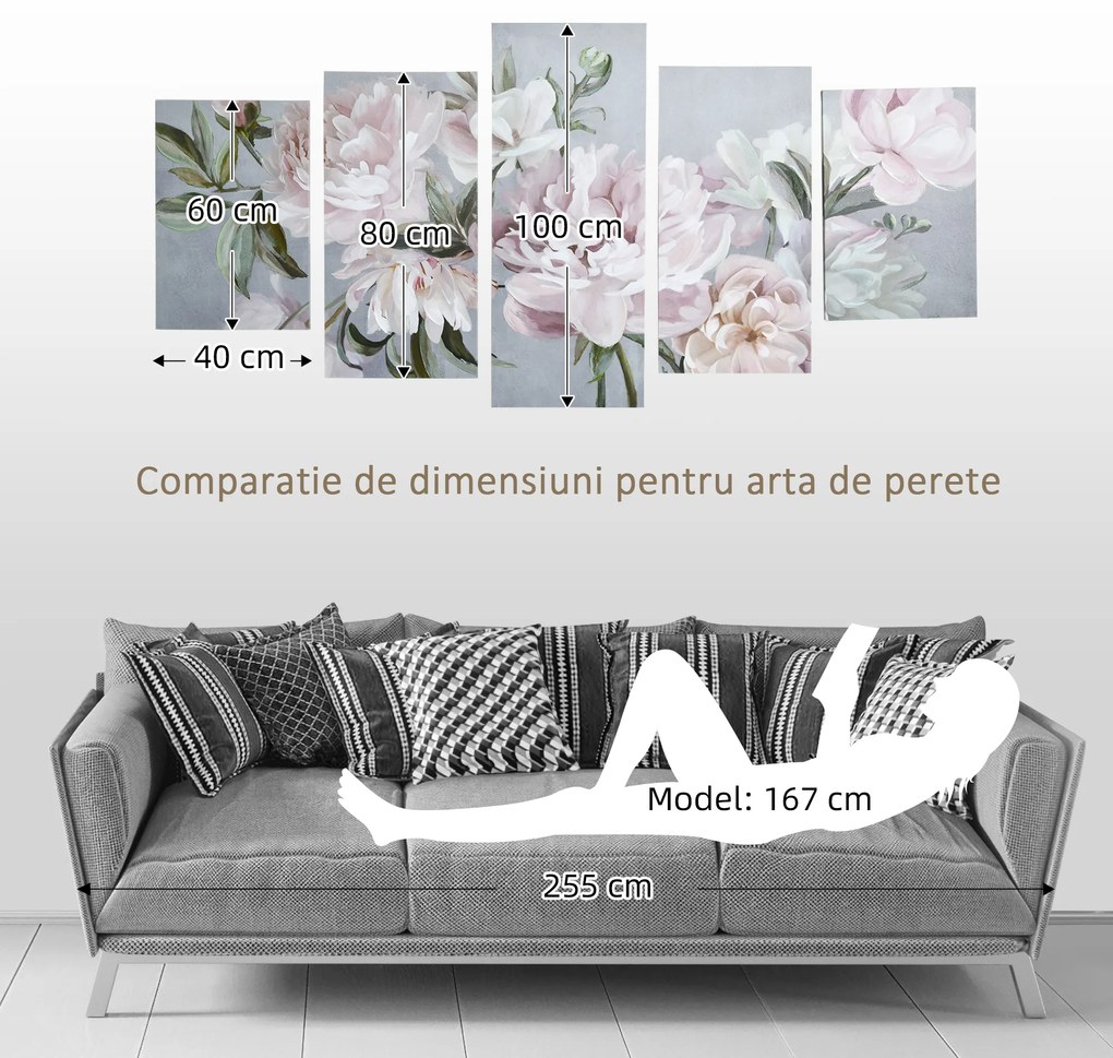 HOMCOM panza de perete 5 piese cu flori de bujor, tablouri de perete pentru living, dormitor, 200 x 100 cm | Aosom Romania