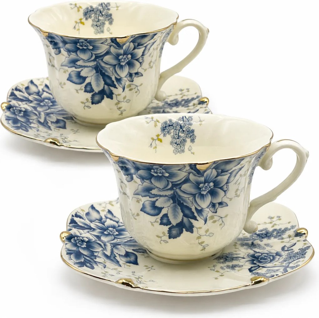 Serviciu Portelan Vintage 2 Cesti si farfurii BLUE FLOWERS
