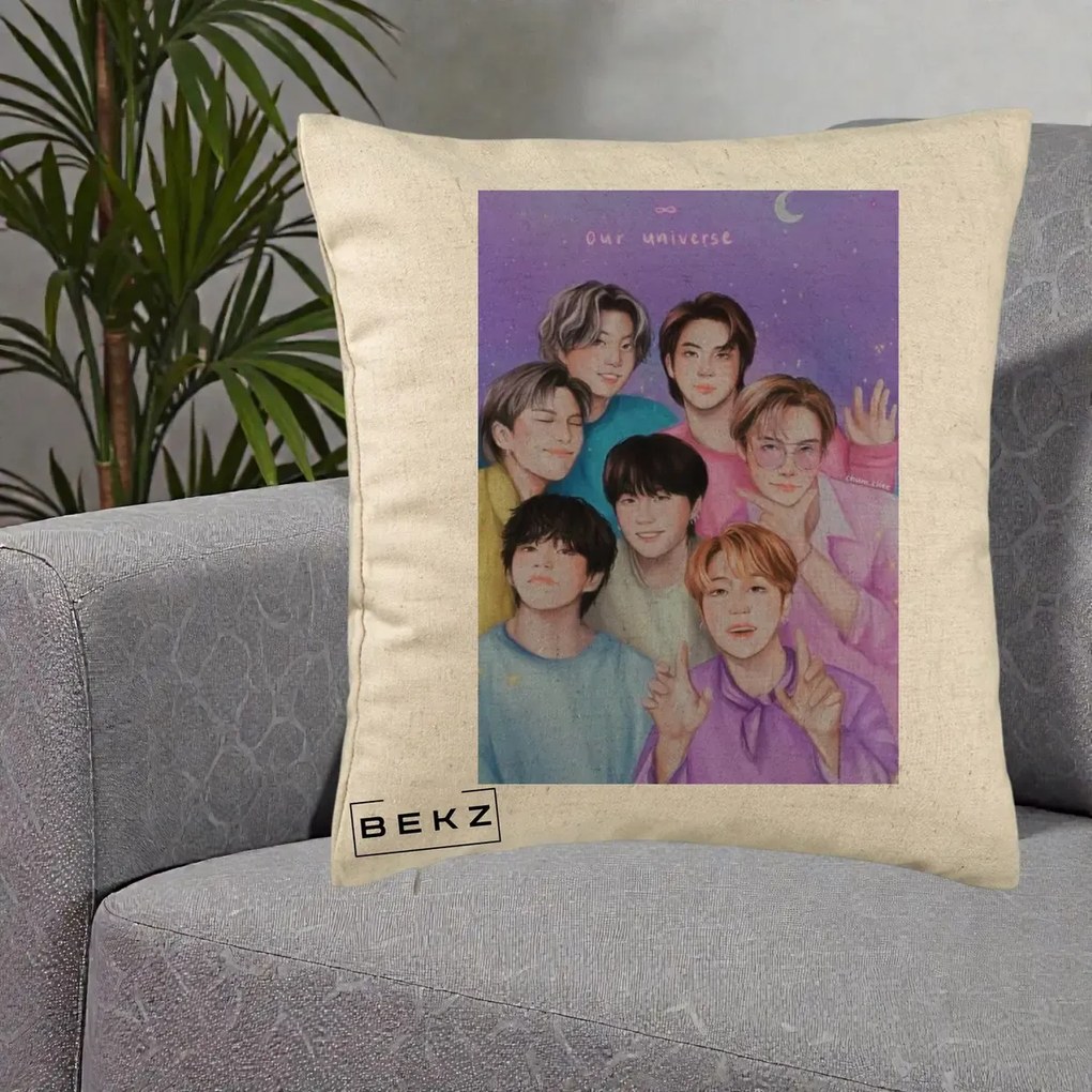 Perna Personalizata K-pop BTS Our Universe Fanart Violet Pastel, 40x40 cm, Bej, Husa Detasabila, Perna Inclusa, BEKZ®